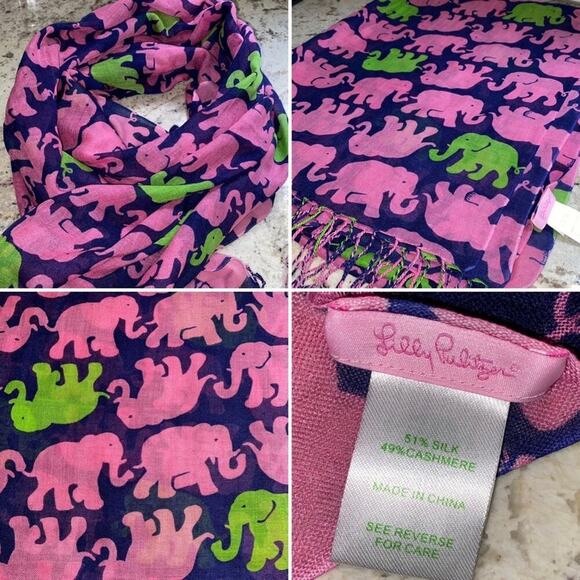 Lilly Pulitzer Tusk in Sun Murfee Silk Cashmere Elephant Pink Navy Scarf - Picture 1 of 11